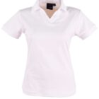 Plain white short-sleeve womens polo shirt on a white background.