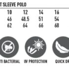 Size chart and icons showing features of a ladies short sleeve polo shirt.