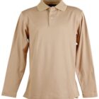 Beige long-sleeve polo shirt with a collar and three buttons down the front. The shirt is displayed against a white background.