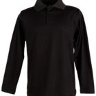 A long-sleeve black polo shirt with a classic collar and a three-button placket, displayed against a plain white background.