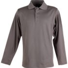 A plain gray long-sleeve polo shirt with a collar and three buttons. The shirt is displayed against a white background.