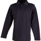 Black long-sleeve polo shirt featuring a collar and three buttons at the top. The shirt is displayed on a plain white background, showcasing its simple and classic design.