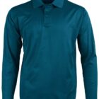 A teal long-sleeve polo shirt with a collar and three-button placket. The shirt appears to be made of a soft, lightweight fabric.