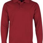 A long-sleeve, deep red polo shirt with a three-button placket and a classic collar, shown against a white background.