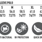 Size chart and features for a unisex TrueDry long sleeve polo. Sizes range from XS to 5XL with specific chest and body length measurements. Icons indicate features include TrueDry fabric, moisture-wicking, antibacterial, UV protection, quick dry, breathable, and easy care.