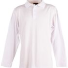 A plain white long-sleeved polo shirt with a collar and three buttons at the top. The shirt is displayed against a white background.