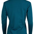 Back view of a teal long-sleeve collared shirt.
