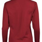 Red long-sleeve shirt with a collared design, viewed from the back.