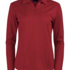 Red long-sleeve polo shirt with a collar and buttons on a white background.