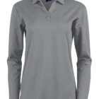 Gray long-sleeve womens polo shirt with buttons and a collar.