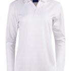 White long-sleeve polo shirt with collar and buttons on front.