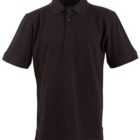 A plain black short-sleeve polo shirt with a collar and a three-button placket. The shirt is displayed against a white background, showing its classic and simple design.