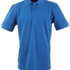 A plain blue polo shirt with short sleeves and a folded collar. It features a three-button placket and is displayed against a white background.