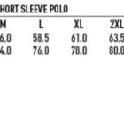 Size chart for a mens cotton pique knit short sleeve polo. Sizes S to 5XL listed. Easy fit measurements: Half chest (S: 53.5 cm, M: 56 cm, etc.) and body length (S: 72 cm, M: 74 cm, etc.). Includes a cotton fabric icon.
