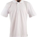 White short-sleeve polo shirt on a plain background. It features a classic collar, three-button placket, and a simple, clean design.