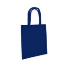 A plain, dark blue tote bag with two handles, displayed on a white background.