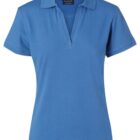 Blue short-sleeved polo shirt with a V-neck collar, displayed against a white background.