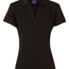 A plain black short-sleeve polo shirt with a collar and a V-neck style. The fabric appears smooth and the shirt has a fitted design, suitable for casual or semi-formal wear.
