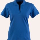 A plain blue polo shirt with short sleeves and a collar is displayed on a neutral background.