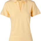 A light yellow short-sleeve polo shirt with a V-neck collar is displayed against a plain white background. The shirt is tailored with a fitted style and lacks any visible logos or patterns.