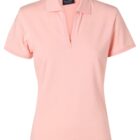 A plain, light pink short-sleeve polo shirt with a collar and a V-neck opening. The shirt is laid flat and has a simple, classic design.