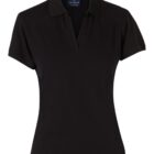 A black, short-sleeved polo shirt with a collar and V-neck design, displayed against a plain white background.