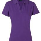A purple womens short-sleeve polo shirt with a collar and a V-neck design, displayed on a white background.