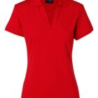 A red short-sleeve polo shirt with a collar and a V-neck. It is displayed on a plain white background, showing the front view of the shirt.