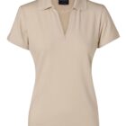 A beige short-sleeve polo shirt with a collar and a deep V-neck displayed on a plain white background.