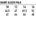 Size chart for a ladies cotton pique knit short sleeve polo. Sizes 6-24 with half chest measurements from 39.5 to 62, and body length from 58 to 74. Includes a 100% cotton fabric icon at the bottom left.