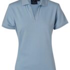 Light blue, short-sleeved polo shirt with a collar and a V-neck design. The fabric appears soft and slightly fitted, suitable for casual or semi-casual wear.