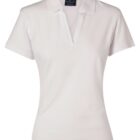 White, short-sleeved womens polo shirt with a collar and a partial V-neck opening. The shirt is displayed on a plain background, highlighting its simple and classic design.