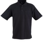 A plain black short-sleeve polo shirt with a front chest pocket, button-up collar, and a simple design.
