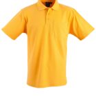 A plain yellow polo shirt displayed against a white background. The shirt has short sleeves, a collar, and a buttoned placket. There is a small pocket on the left chest area.