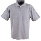 A plain gray polo shirt with a collar and short sleeves. It features a three-button placket and a small pocket on the left chest. The shirt is displayed against a white background.