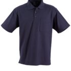 A navy blue polo shirt with a collar, short sleeves, a three-button placket, and a chest pocket. The shirt is displayed against a white background.