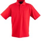 A bright red polo shirt with short sleeves, a collar, and a three-button placket. It features a chest pocket on the left side. The shirt is displayed against a white background.