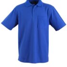 A plain blue polo shirt with short sleeves and a collar. It features a pocket on the left side of the chest. The shirt is displayed against a white background.