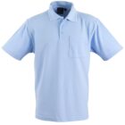 A light blue polo shirt with a collar, three buttons, and a pocket on the left chest. The shirt is displayed on a plain white background.