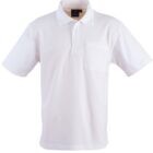 White short-sleeve polo shirt with a collar, three-button placket, and a chest pocket, displayed against a plain background.