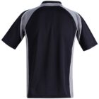 Rear view of a short-sleeved sports shirt featuring a black body with gray sleeves and white piping along the seams. The shirt has a collar and a simple, classic design.