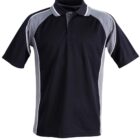 Black and gray polo shirt with short sleeves. The design features gray panels on the shoulders and sides, with white piping accents. The shirt has a classic collar and a three-button placket.