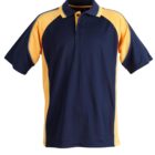 Navy blue and yellow short-sleeve polo shirt with a buttoned collar and contrasting yellow panels on the shoulders and sleeves.