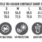 A sizing chart for mens polo shirts, displaying measurements in XS to 5XL. Features include CoolDry fabric, moisture wicking, antibacterial, UV protection, quick dry, breathable, and easy care symbols.