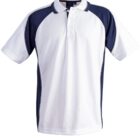 A white polo shirt with navy blue accents on the shoulders and sides. It features short sleeves, a collar, and a three-button placket. The shirt is displayed on a plain white background.