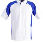White polo shirt with blue shoulders and side panels. The shirt features a collar and buttons on the front.