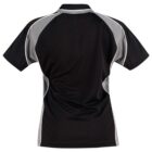 A black athletic shirt with gray and white accents on the sleeves and sides, shown from the back. The shirt features a collar and short sleeves.