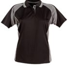 Black polo shirt with gray raglan sleeves and white piping details. The shirt is displayed against a plain white background.