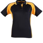 A short-sleeve polo shirt with a black body and yellow accents on the shoulders and sides. The shirt has a classic collar and a three-button placket.