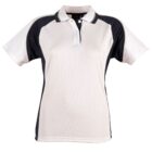 A short-sleeved polo shirt with a white front and back, featuring black panels on the sides and shoulders. It has a white collar with a buttoned placket.